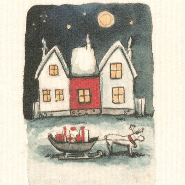 More Joy Sleigh Under the Stars Christmas Swedish dishcloth with festive red, green, and white star pattern, biodegradable