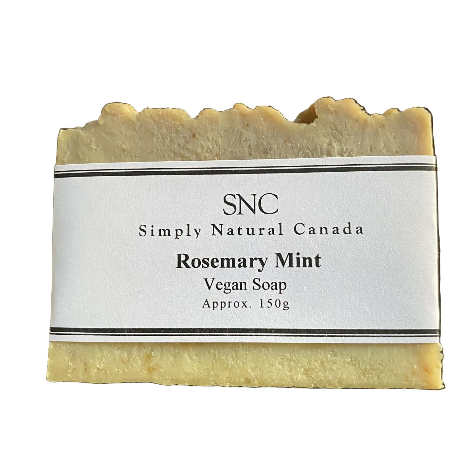 Rosemary Mint Vegan Soap bar by Simply Natural Canada with minimalist label, handcrafted Canadian vegan soap made with rosemary and peppermint essential oils.