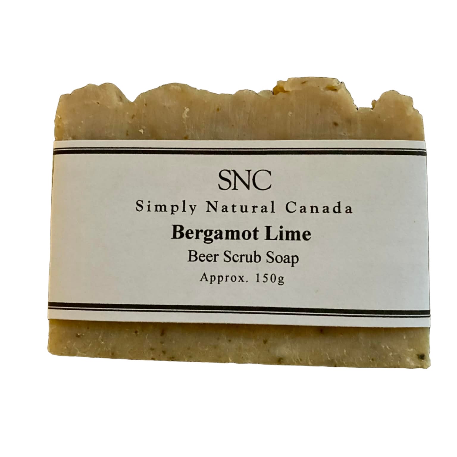 SNC Bergamot Lime Beer Scrub Soap bar with label featuring Simply Natural Canada branding, vegan citrus exfoliating soap approx. 150g.