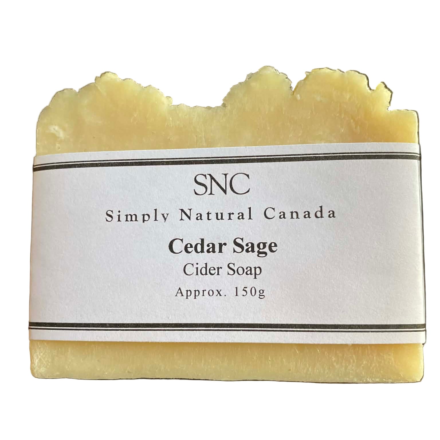 Handcrafted Cedar Sage Cider Soap by Simply Natural Canada, vegan apple-cider bar soap wrapped in minimalist white label with cedar and sage essential oil blend.