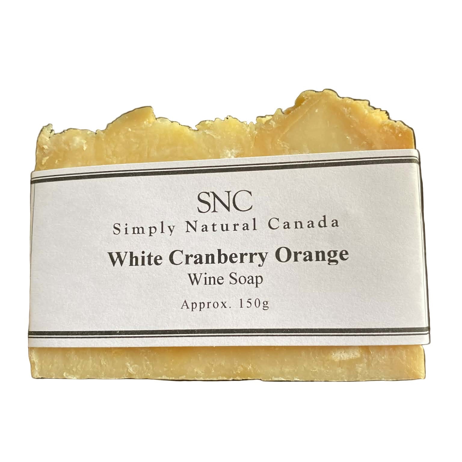 White Cranberry Orange Wine Soap by Simply Natural Canada in white paper label, handcrafted local cranberry wine soap approx. 150g on white background