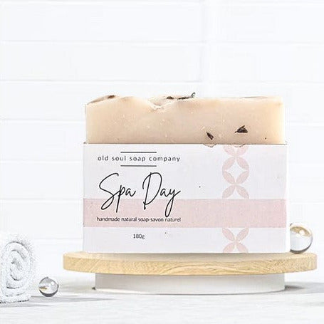 Old Soul Soap Company Spa Day artisan bar soap with creamy beige color, textured surface, 4x2 inches, handmade in Canada