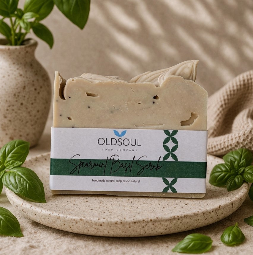 Spearmint Basil Scrub artisan soap with pumice handmade in Canada