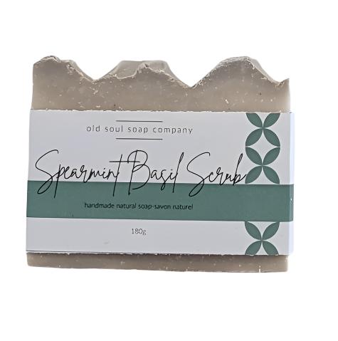 Spearmint basil soap bar by Old Soul Soap Company, vegan, handcrafted with textured green and white swirls, 4x2 inches