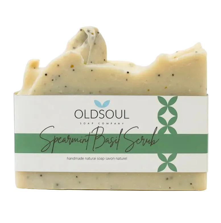 Bar of soap with 'Oldsoul Soap Company' packaging on a white background