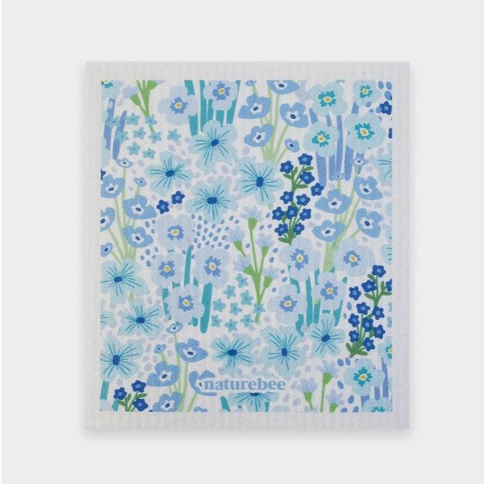 Nature Bee Floral Blue Nature Bee Sponge Cloth with blue floral print, absorbent Swedish dish cloth, eco-friendly kitchen
