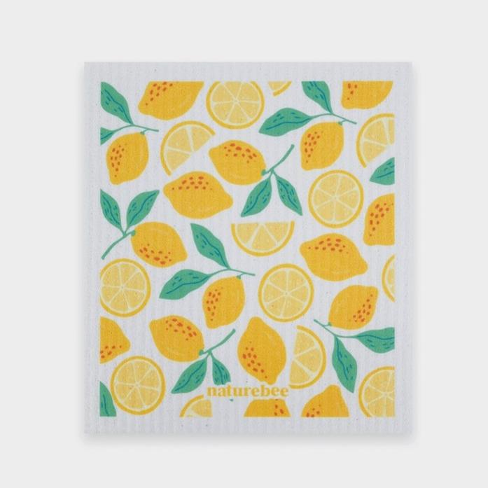Nature Bee Lemon Sponge Cloth with yellow lemon pattern, absorbent Swedish dish cloth, textured cellulose material, 12x8