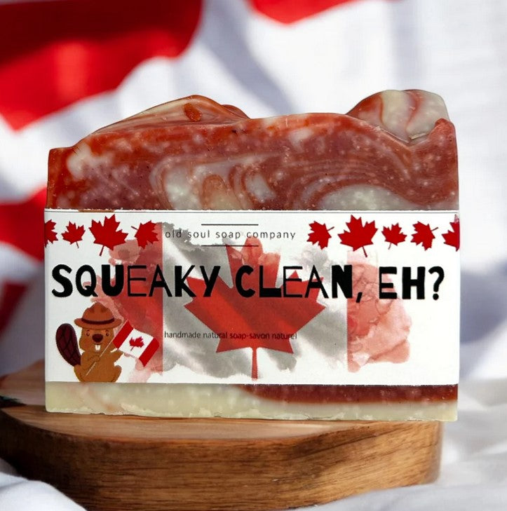 Squeaky Clean Eh Canadian vegan bar soap with embossed logo, light beige color, smooth textured surface, from Old Soul Soap