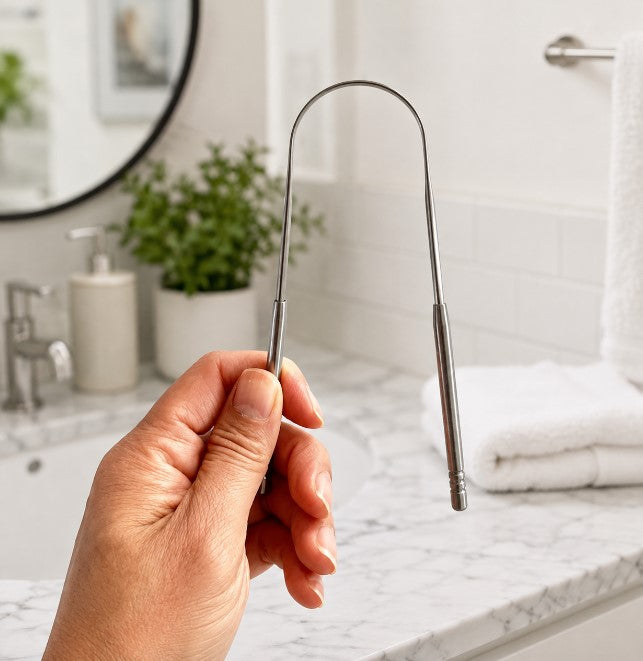 Reusable rust-proof stainless steel tongue scraper held in hand