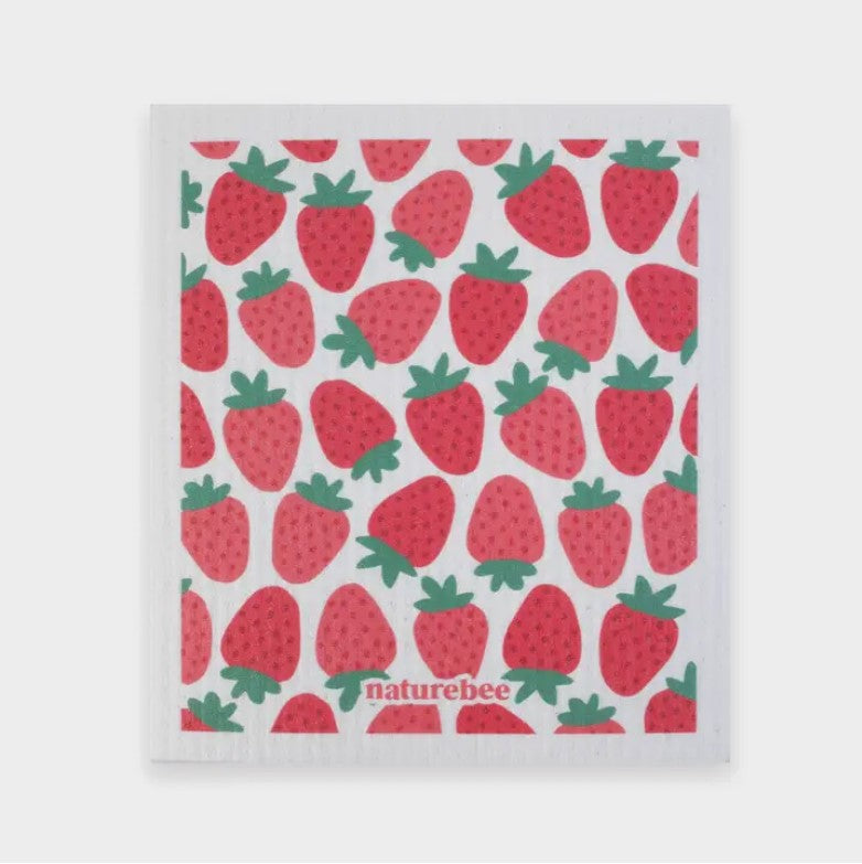 Nature Bee Strawberries sponge cloth with red strawberry print, absorbent Swedish kitchen textile, eco-friendly and flexible