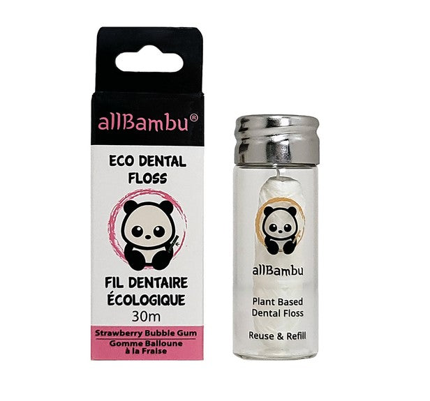 AllBambu strawberry bubble gum flavored eco dental floss in biodegradable plastic-free spool with green and pink design