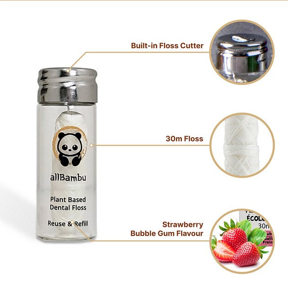 Close-up of the Strawberry Bubble Gum Eco Dental Floss showing its vibrant pink color and textured wax coating for easy grip.