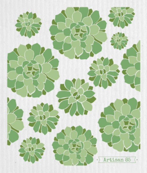 Succulent Garden Green Swedish cloth by Artisan 85 with green succulent pattern, reusable eco-friendly dishcloth made from cellulose and cotton, compostable kitchen cloth Canada