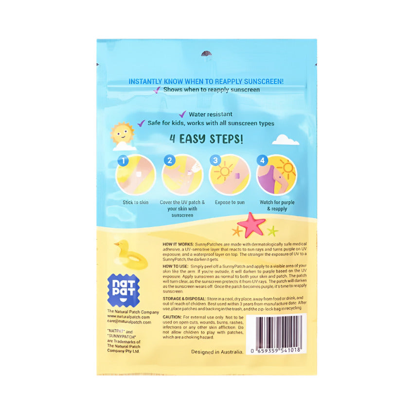 Close-up of the NATPAT UV sensing sticker attached to skin, highlighting the textured surface and vibrant color change