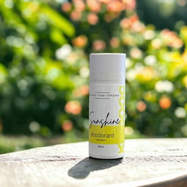 Sunshine Natural Deodorant stick with lemongrass, peppermint, and sweet orange scents, plastic-free packaging, Old Soul Soap