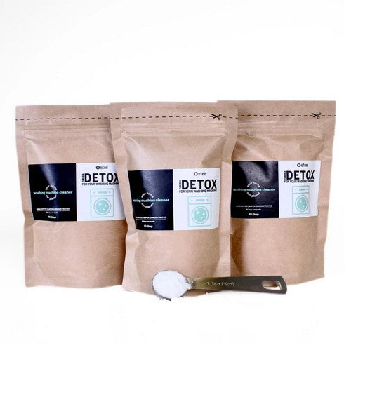 etee Detox washing machine cleaner set of 3 paper pouches with measuring scoop (not included), natural low-tox washer cleaner made in Canada