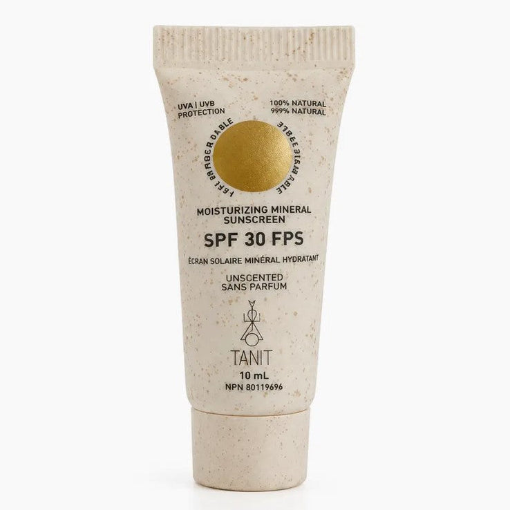 Canadian made Tanit SPF30 moisturizing mineral sunscreen unscented and vanilla coconut is available in a 10 ml travel  size. The unscented version is shown on a white background.