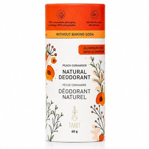 Tanit Peach Coriander natural deodorant in compostable cardboard tube made in Canada for sensitive skin
