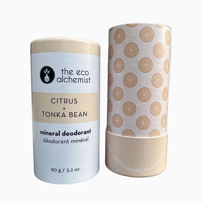The Eco Alchemist Citrus Tonka Bean Mineral Deodorant 90g with decorative compostable tube and natural citrus vanilla fragrance
