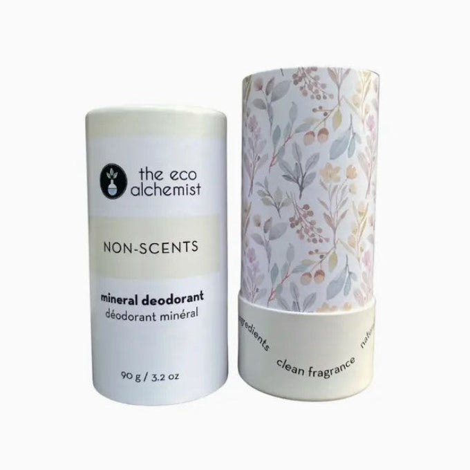 The Eco Alchemist Non-Scents Mineral Deodorant 90g with compostable paper tube unscented and coconut free
