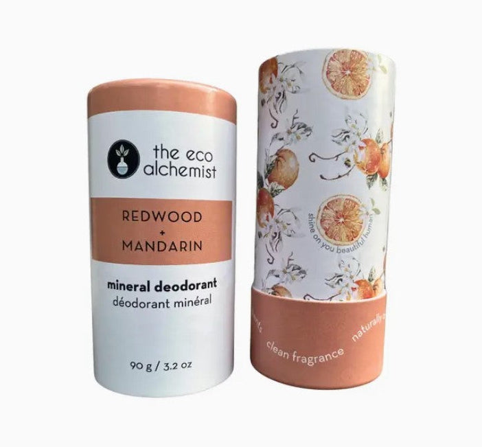 The Eco Alchemist Redwood Mandarin Mineral Deodorant 90g with decorative compostable tube and citrus woodsy natural fragrance