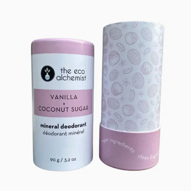 The Eco Alchemist Vanilla Coconut Sugar Mineral Deodorant with compostable outer tube and pink coconut pattern packaging