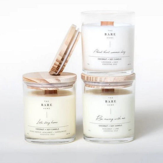The Bare Home candle in a clear glass jar with white wax, 4x3 inches, made in Canada, suitable for home décor or gift use