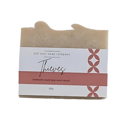 Thieves Artisan Soap bar featuring vibrant botanical illustrations, handcrafted vegan formula, made in Canada by Old Soul