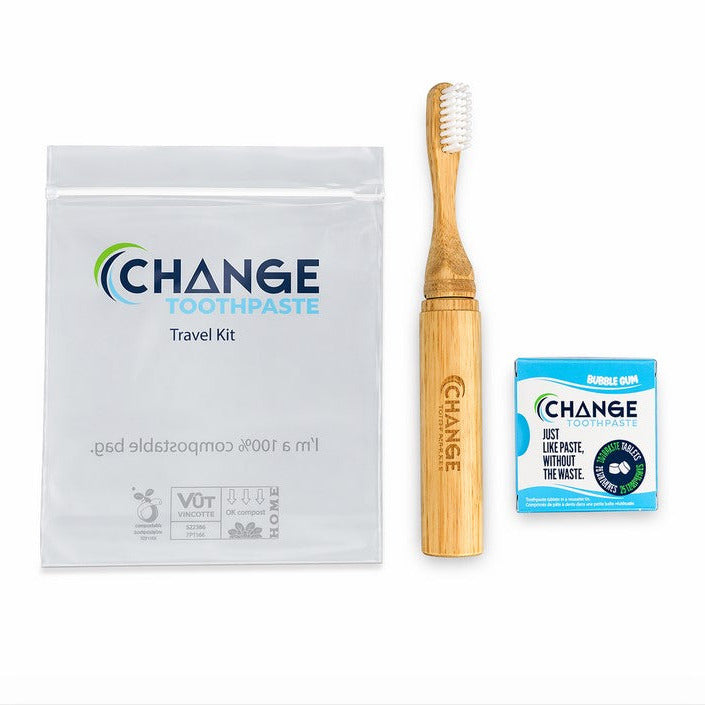 Change Toothpaste bubble gum travel kit bamboo toothbrush toothpaste tablets aluminum tin eco friendly zero waste oral care set