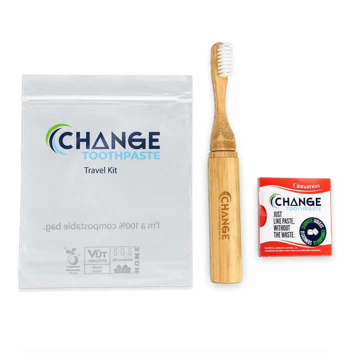 Change Toothpaste cinnamon travel kit bamboo toothbrush toothpaste tablets aluminum tin eco friendly zero waste oral care set