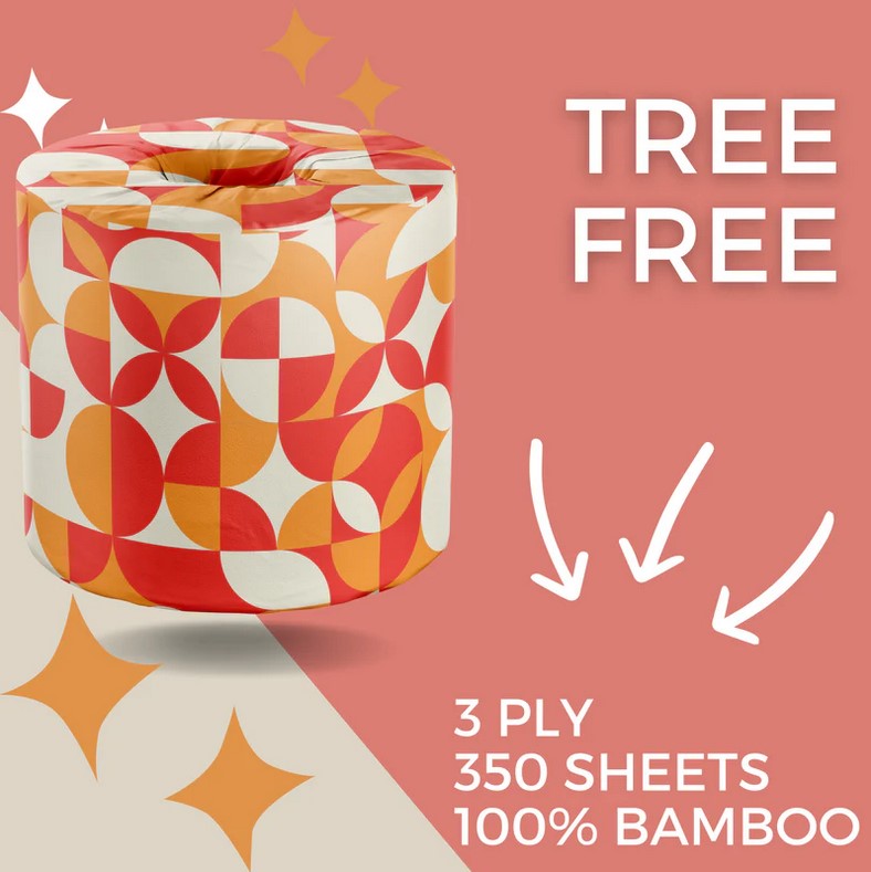 Close-up of colorful wrap with bamboo pattern and textured surface on rolled bamboo toilet paper spool, showcasing vibrant