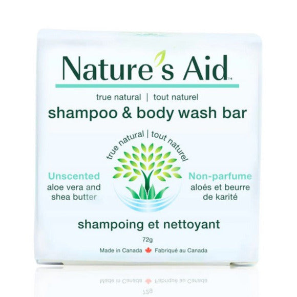 Nature's Aid unscented 2-in-1 shampoo and body wash bar with aloe vera and calming lavender, smooth texture, eco-friendly