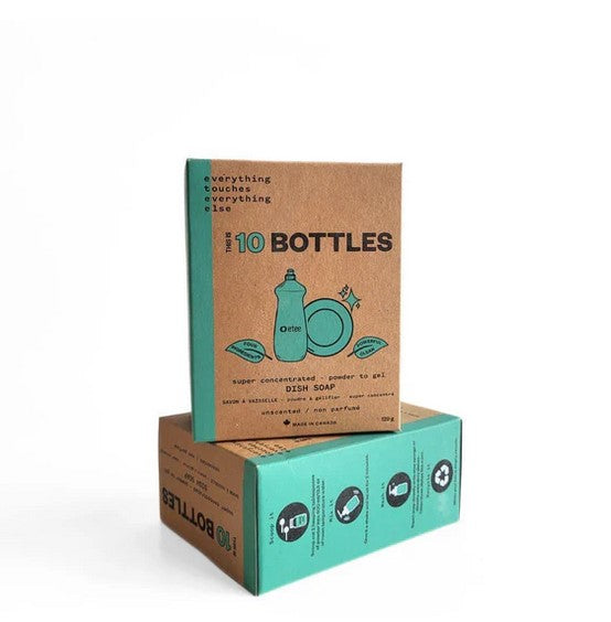 Close-up of Etee Powder to Gel Dish Soap concentrate label showing ingredients and scent-free details on the white pouch.