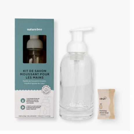 Nature Bee Unscented Foaming Hand Soap Kit with 8 oz. concentrate and reusable dispenser in clear plastic, biodegradable