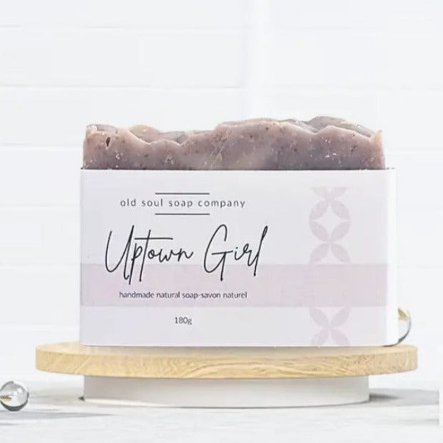 Uptown Girl artisan lavender peppermint soap bar with textured lavender and peppermint swirls, 4x2 inches, by Old Soul Soap