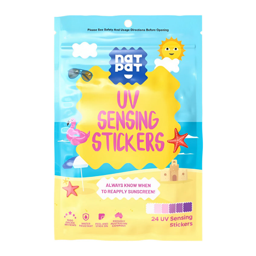 Close-up of the NATPAT UV Sensing Sticker showing textured surface and vibrant color change indicator on clear backing sheet