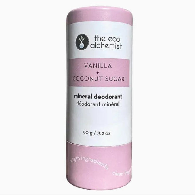 The Eco Alchemist Vanilla Coconut Sugar Mineral Deodorant stick in compostable pink packaging made in Canada