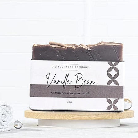 Old Soul Soap Company vanilla bean artisan bar soap with creamy, textured surface, crafted in Canada for vegan bath and body