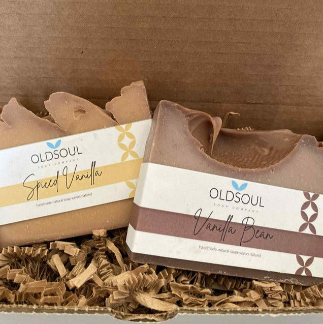 Vanilla soap gift box with six handcrafted rectangular bars in cream and pale yellow, tied with natural twine, from Old Soul