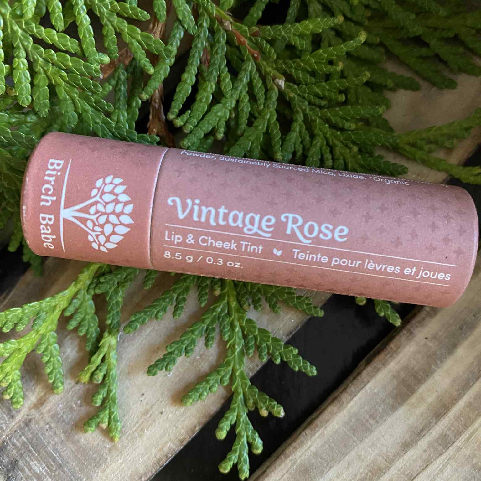 Vintage Birch Babe matte lip and cheek tint in soft rose shade, natural formula, smooth texture, suitable for all skin types