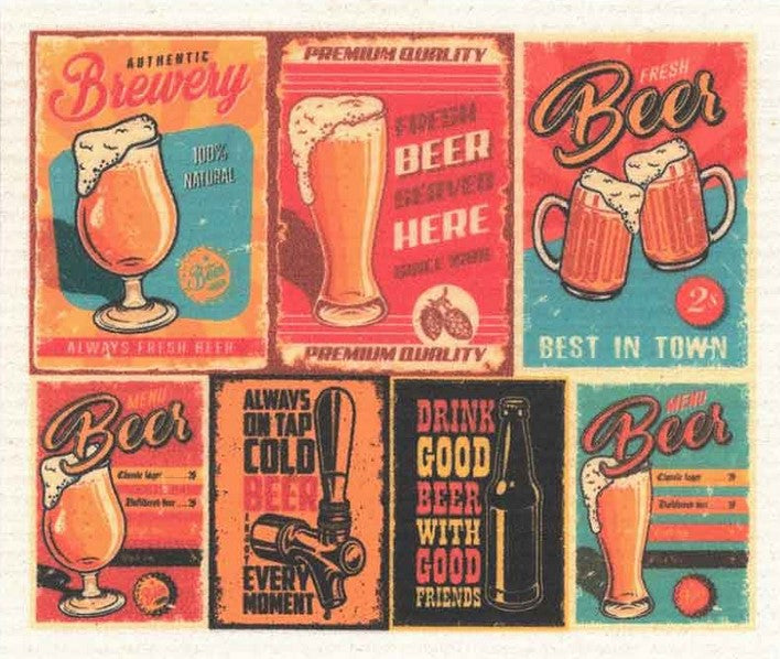 Vintage Swedish dishcloth featuring retro beer illustration, biodegradable cellulose and cotton material, MORE JOY brand
