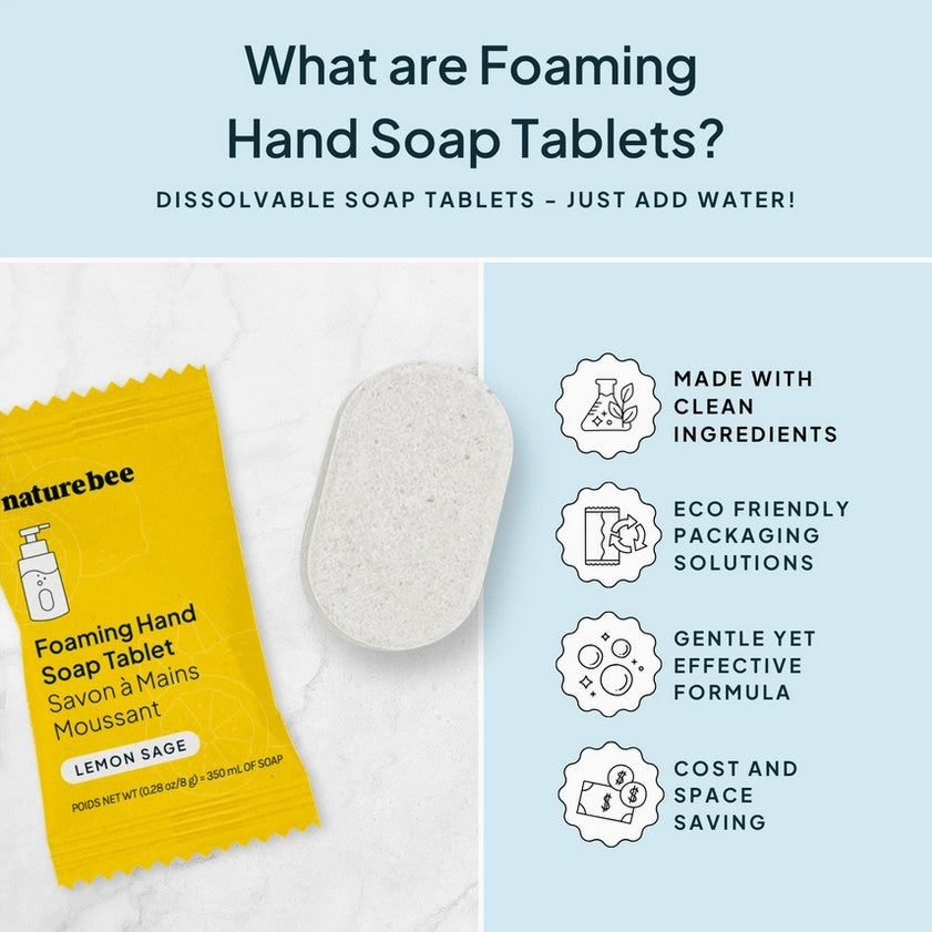 Close-up of the foaming soap tablets showing the textured, natural lemon and sage scent label on the packaging from a