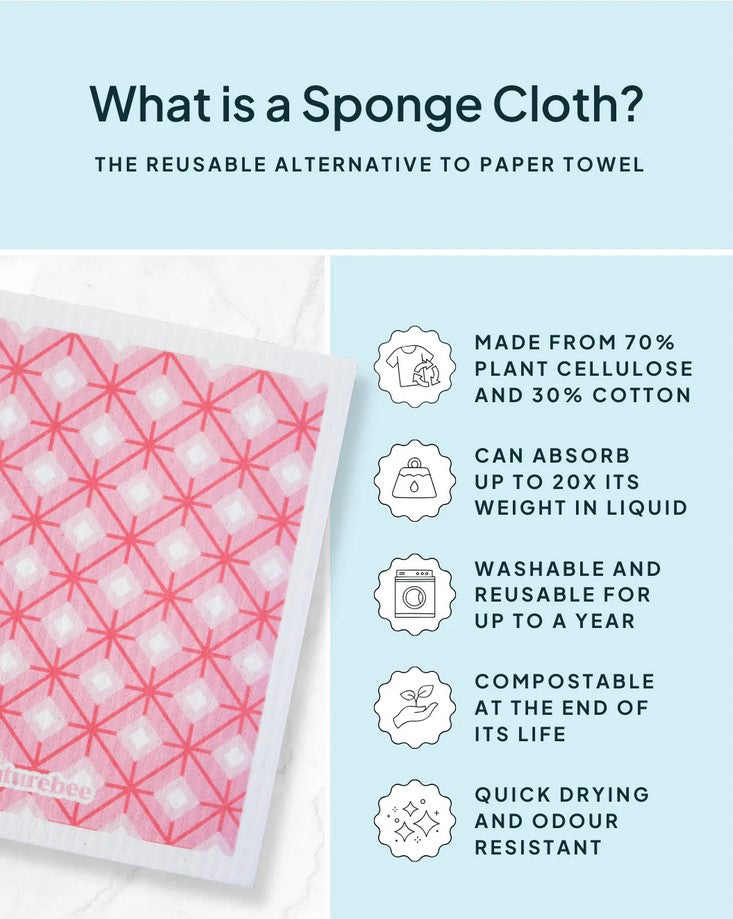 Close-up of the Pink Nature Bee Sponge Cloth’s textured surface and vibrant pink color, highlighting the intricate honeycomb