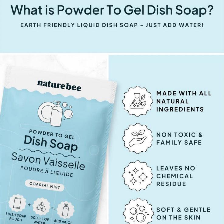 Close-up of the Powder to Gel Dish Soap's transparent blue gel texture with coastal mist scent, showing the smooth