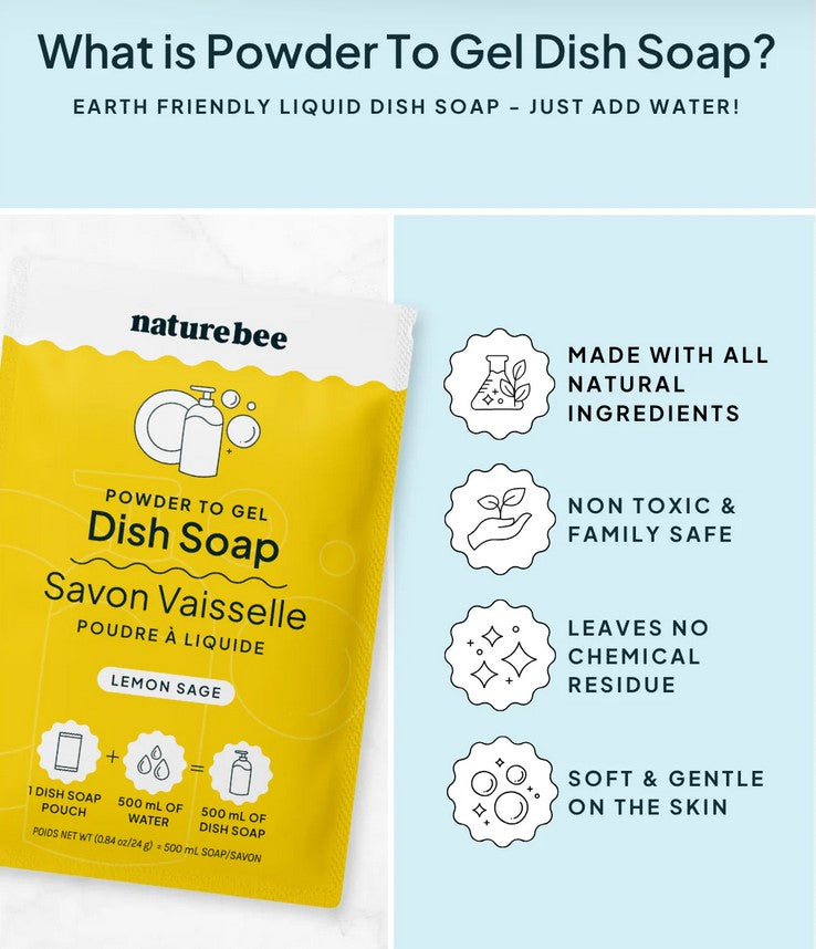 Close-up of the transparent gel texture with lemon and sage herbal bits visible through the clear dish soap, emphasizing its