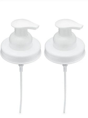 Set of two white foaming soap pump lids for mason jars on a white background