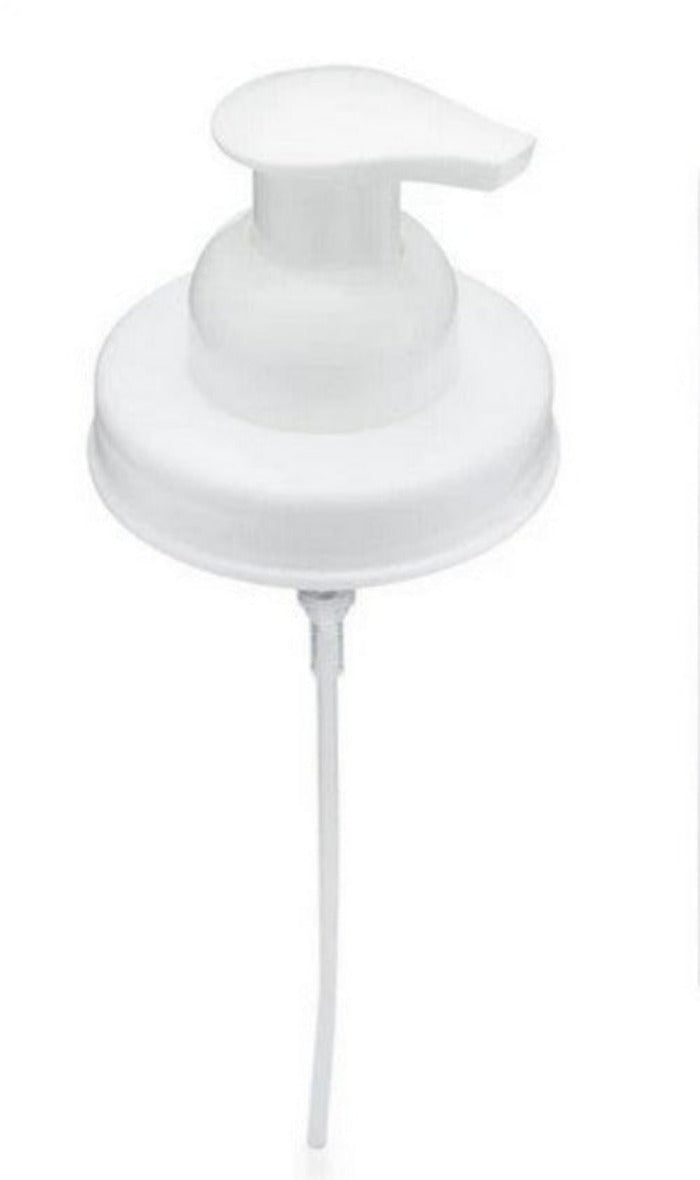 White Jarmazing mason jar foaming soap dispenser lid with long dip tube for DIY foaming hand soap tablets from myni, Nature Bee, and Revolubar Home.