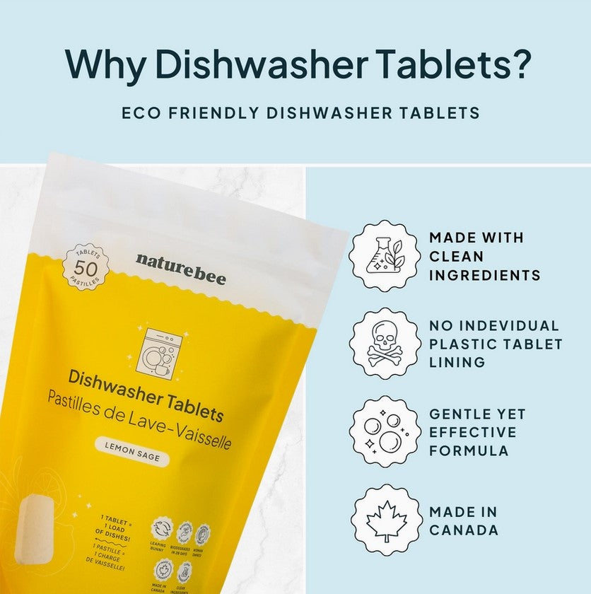Close-up of Nature Bee Dishwasher Tablets packaging highlighting the biodegradable label and natural ingredientsâ€™ icons