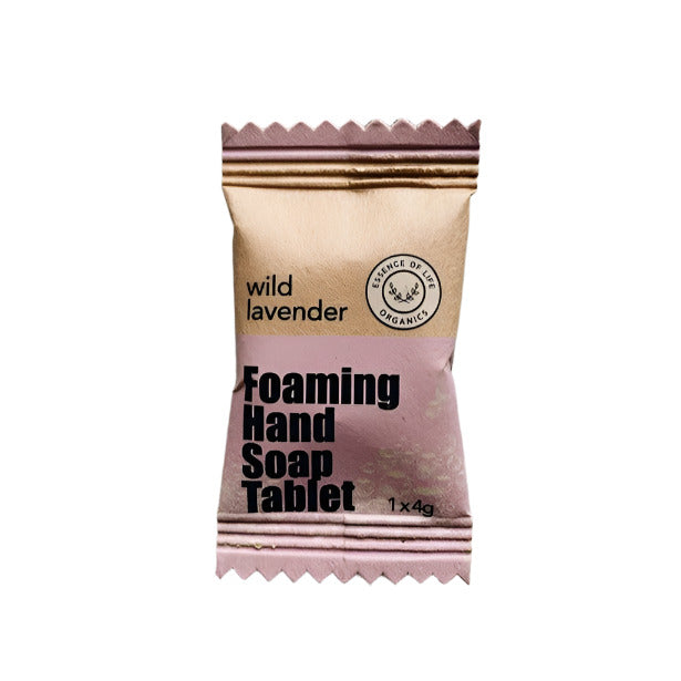Essence of Life Organics wild lavender foaming hand soap tablet in biodegradable packaging, made in Canada with botanical