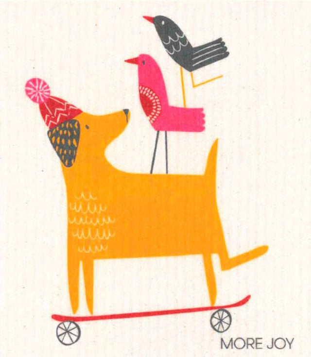 Winter Swedish Dishcloth featuring cheerful cartoon dog design, biodegradable cellulose and cotton material, from MORE JOY